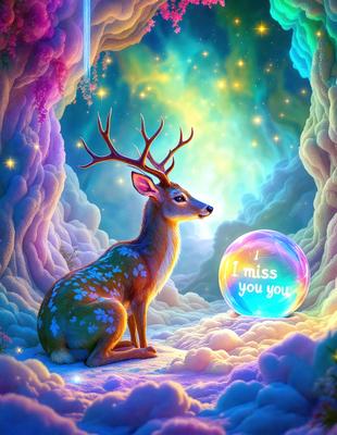 Primary subject: A deer with antlers, sitting on a cloud.

Setting/background: The deer is sitting on a cloud, which is part of a colorful, whimsical scene.

Visual style: The image is a digital art or illustration, featuring a whimsical and imaginative setting.

Colors and mood: The colors in the image are predominantly pastel and vibrant, creating a cheerful and whimsical atmosphere.