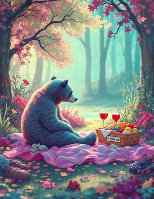 The primary subject of the image is a large brown bear sitting on a pink blanket in a forest. The bear is holding a wine glass in its paws, and there is another wine glass nearby. The setting is a forest with trees in the background. The visual style is a digital art illustration, creating a whimsical and playful atmosphere. The colors are predominantly pink and brown, giving the scene a warm and inviting mood.