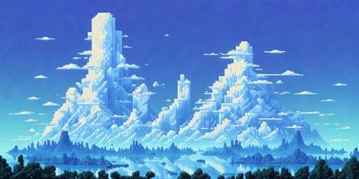 The primary subject of the image is a digital artwork featuring a mountain range with a blue sky and clouds. The setting is a vast, open landscape with a body of water in the foreground. The visual style is a combination of digital art and illustration, creating a unique and captivating scene. The colors and mood of the image are predominantly blue and serene, evoking a sense of tranquility and wonder.