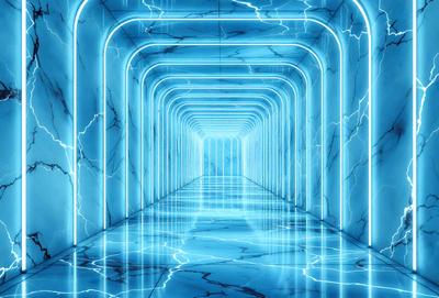 The primary subject of the image is a long, narrow hallway with a blue light illuminating it. The setting is a futuristic environment, possibly a space station or a high-tech building. The visual style is a combination of digital art and illustration, creating a striking and unique atmosphere. The dominant colors are blue and white, giving the scene a cool and modern feel.