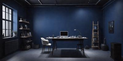 The primary subject of the image is a desk with a computer monitor, keyboard, and mouse on it. The desk is situated in a room with a blue wall, and there is a chair placed in front of the desk. The setting appears to be a home office or a workspace. The visual style of the image is a photo, capturing the details of the desk and its surroundings. The colors and mood of the image are predominantly blue, creating a calm and focused atmosphere.