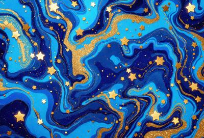 The primary subject of the image is a blue and gold star pattern. The setting is a blue and gold star-filled background, which creates a visually striking and vibrant atmosphere. The visual style is a combination of digital art and illustration, with the gold stars adding a touch of realism to the overall design. The colors and mood of the image are energetic, lively, and full of life, making it an eye-catching and memorable piece of art.