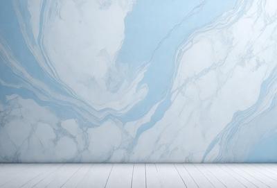 The primary subject of the image is a marble wall with a blue and white pattern. The setting is a room with a white floor, and the visual style is a photo. The colors and mood of the image are predominantly blue and white, creating a calm and elegant atmosphere.