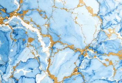 The primary subject of the image is a blue and gold marbled wall. The setting is a room with a blue and gold marbled wall, which serves as the background. The visual style is a combination of a photo and digital art, creating a unique and intricate design. The dominant colors are blue and gold, giving the wall a luxurious and elegant appearance.