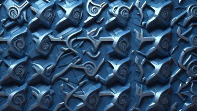The primary subject of the image is a blue wall with a pattern of metal sculptures or artwork. The setting is a room with a blue background, and the visual style appears to be a combination of digital art and illustration. The colors and mood of the image are predominantly blue, creating a calm and serene atmosphere.