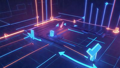 The primary subject of the image is a futuristic, neon-colored cityscape with a blue and purple color scheme. The setting is a dark, futuristic environment, likely a video game or digital art piece. The visual style is a combination of digital art and illustration, creating a unique and captivating atmosphere. The colors and mood convey a sense of mystery and intrigue, inviting the viewer to explore the world depicted in the image.