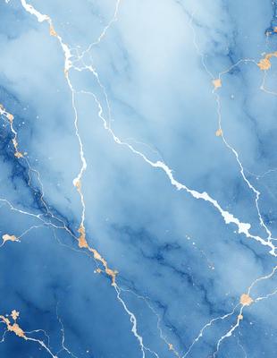 The primary subject of the image is a blue and white marble wall with a gold pattern. The setting is a room with a blue sky visible in the background. The visual style is a combination of a photo and digital art, creating a unique and artistic representation of the marble wall. The dominant colors are blue, white, and gold, giving the image a serene and elegant atmosphere.
