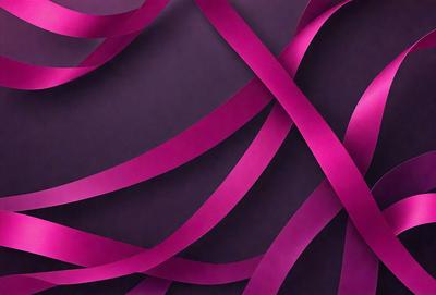 The primary subject of the image is a large, pink, swirling pattern. The pattern is composed of multiple, intertwining strands of pink ribbon. The setting is a dark background, which contrasts with the vibrant pink color of the ribbon. The visual style of the image is a combination of digital art and illustration, creating a dynamic and eye-catching design. The dominant colors in the image are pink and purple, giving the overall atmosphere a sense of warmth and elegance