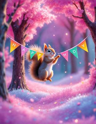 The image features a cute, colorful illustration of a squirrel in a pink forest. The squirrel is holding onto a banner that reads "Happy Birthday." The forest is filled with pink trees, creating a warm and inviting atmosphere. The illustration appears to be a digital art piece, showcasing the artist's creativity and attention to detail.