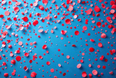 The primary subject of the image is a blue background with a pattern of red dots. The setting is a blue surface, and the visual style appears to be a digital art or illustration. The dominant colors are red and blue, creating a vibrant and lively atmosphere.