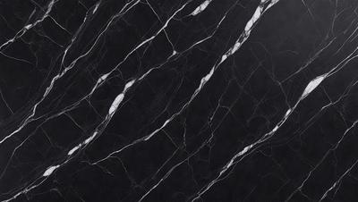 The primary subject of the image is a marble countertop with a black and white pattern. The setting is a kitchen, and the visual style is a close-up of the marble countertop. The colors and mood of the image are predominantly black and white, giving it a classic and elegant appearance.