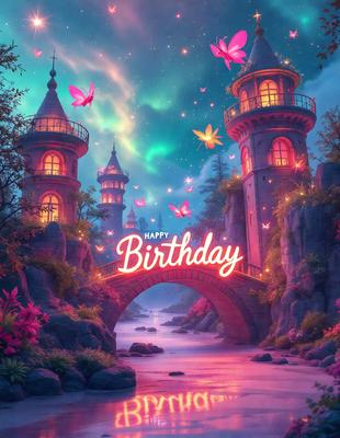 Primary subject: A bridge with a birthday sign on it.

Setting/background: A beautiful, colorful, and fantasy-like setting with a castle in the background.

Visual style: Digital art.

Colors and mood: The image is colorful and has a happy, celebratory mood.