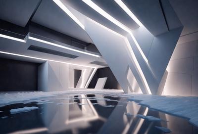 The primary subject of the image is a large, white, modern building with a reflective surface. The setting is a room with a white floor and a white wall. The visual style is a combination of photo and digital art, creating a unique and modern atmosphere. The colors and mood are predominantly white, giving the space a clean and minimalist appearance.