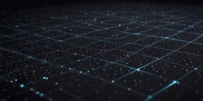 The primary subject of the image is a pattern of blue dots on a black background. The setting appears to be a dark room, and the visual style is a digital art or illustration. The dominant colors are blue and black, creating a mood of mystery and intrigue.