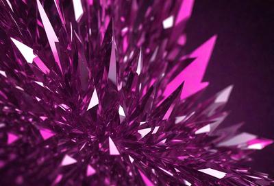 The primary subject of the image is a large, purple, crystal-like structure with multiple facets. The setting is a dark background, which contrasts with the vibrant purple color of the crystal. The visual style appears to be a combination of digital art and illustration, creating a unique and eye-catching design. The dominant colors are purple and pink, giving the image a bold and striking appearance.