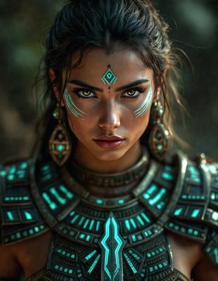 The primary subject of the image is a woman with blue and green face paint, wearing a gold necklace. She is staring directly into the camera, creating a captivating and mysterious atmosphere. The setting is a dark background, which further emphasizes the woman's striking appearance. The visual style is a close-up portrait, capturing the intricate details of the woman's face paint and jewelry. The colors and mood of the image are predominantly dark and dramatic, with the blue and