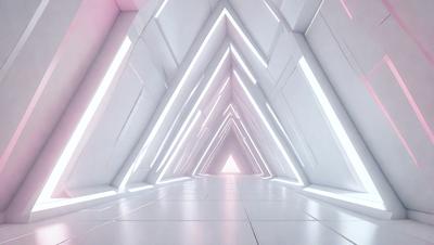 The primary subject of the image is a long, narrow hallway with a white color scheme. The setting is a white room with a white floor, and the visual style appears to be a digital art or illustration. The colors and mood of the image are predominantly white, creating a clean and minimalist atmosphere.