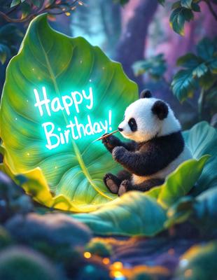 The image features a cute panda bear sitting in a leafy green forest, holding a pencil in its mouth. The panda is positioned in the center of the scene, surrounded by the lush greenery. The visual style of the image is a combination of photo and digital art, creating a whimsical and playful atmosphere. The primary subject of the image is the panda bear, and the setting is a forest filled with leaves and greenery.