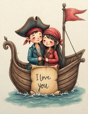 The primary subject of the image is a boy and a girl sitting together on a boat. They are both wearing pirate hats, and the girl is holding the boy's hand. The setting is a boat on the water, and the visual style is a hand-drawn illustration. The colors and mood of the image are warm and inviting, with the pirate hats adding a playful and adventurous touch to the scene.