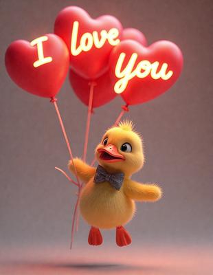 The primary subject of the image is a yellow rubber ducky holding a heart-shaped balloon. The setting is a white background, and the visual style is a photo. The colors are predominantly yellow and red, creating a warm and cheerful atmosphere.