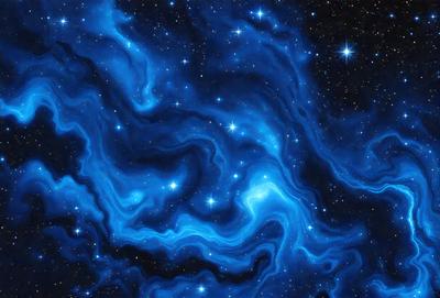 The primary subject of the image is a blue and black starry sky. The setting is a dark, star-filled night sky, with the stars being the main objects in the scene. The visual style is a digital art or illustration, creating a sense of depth and intricacy in the design. The colors and mood of the image are predominantly dark and moody, with the blue and black hues creating a sense of mystery and wonder.