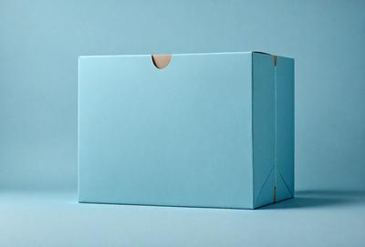 The primary subject of the image is a blue box with a white lid. The box is sitting on a blue surface, which creates a cohesive and visually appealing scene. The visual style of the image is a photo, capturing the details of the box and its surroundings. The colors and mood of the image are predominantly blue, giving it a calm and serene atmosphere.