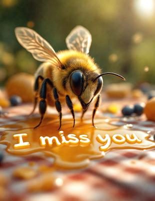 The primary subject of the image is a bee, which is standing on a table with a honeycomb. The setting is a table with a checkered pattern, and the visual style is a digital art illustration. The colors and mood of the image are warm and inviting, with the honeycomb and bee creating a sense of sweetness and harmony.