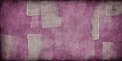 The primary subject of the image is a purple wall with torn newspaper pieces attached to it. The setting is a room with a purple background. The visual style is a combination of a photo and a digital art, illustration, or drawing. The colors and mood of the image are predominantly purple, creating a moody and artistic atmosphere.