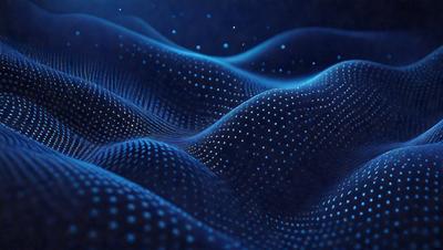 The primary subject of the image is a blue, digital art-like representation of a mountain range. The setting is a dark blue background, which contrasts with the bright blue mountain range. The visual style is a combination of digital art and a pattern, creating a unique and intriguing appearance. The colors and mood of the image are predominantly blue, giving it a calm and serene atmosphere.