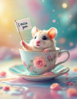 The primary subject of the image is a small, cute mouse sitting inside a cup. The mouse is holding a sign that reads "I miss you." The setting is a pink and white cup, and the visual style appears to be a digital art or illustration. The colors and mood of the image are warm and inviting, with the pink and white cup adding a touch of sweetness to the scene.