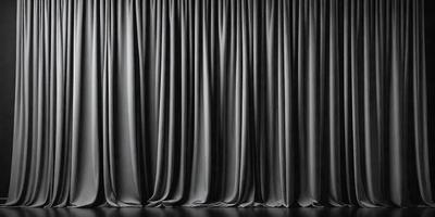 The primary subject of the image is a black curtain, which is the main object and focus of the scene. The curtain is hanging in front of a black background, creating a dramatic and moody atmosphere. The visual style of the image is a photo, capturing the details and texture of the curtain. The colors and mood of the image are predominantly black, with the curtain being the only visible object, emphasizing its prominence in the scene.