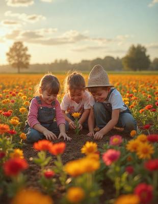 The image features three children, a boy and two girls, playing in a field of flowers. They are digging in the dirt, possibly planting a flower, and are surrounded by a variety of flowers. The children are wearing overalls, which adds to the playful and casual atmosphere of the scene. The field of flowers creates a vibrant and lively setting, making it an enjoyable and memorable experience for the children.