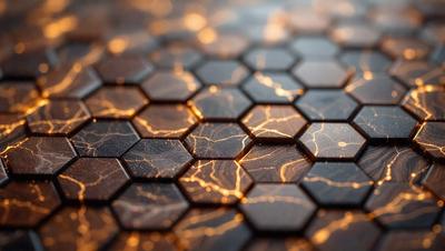 The primary subject of the image is a close-up of a patterned surface, possibly a tile or a piece of artwork. The setting appears to be a dark room, with the patterned surface being the main focus. The visual style of the image is a combination of photo and digital art, creating a unique and intriguing appearance. The colors and mood of the image are predominantly dark, with the patterned surface providing a contrasting element of light and texture.