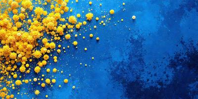 The primary subject of the image is a blue background with yellow dots or bubbles scattered across it. The setting appears to be a blue surface, possibly a wall or a table. The visual style of the image is a combination of a photo and digital art, creating a unique and interesting pattern. The dominant colors in the image are blue and yellow, giving it a vibrant and lively atmosphere.