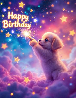 The primary subject of the image is a small puppy dog, which is the main focus of the scene. The dog is standing on a cloud, which serves as the setting or background of the image. The visual style of the image is digital art, as it is a well-crafted and detailed illustration. The dominant colors in the image are pink and purple, creating a warm and cheerful atmosphere.