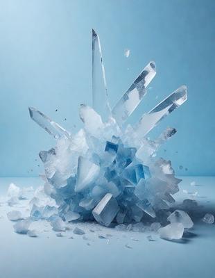 The primary subject of the image is a large, blue, and clear crystal. The setting is a blue background, which creates a striking contrast with the crystal. The visual style is a close-up of the crystal, showcasing its unique and intricate structure. The colors and mood of the image are predominantly blue, giving it a calm and serene atmosphere.