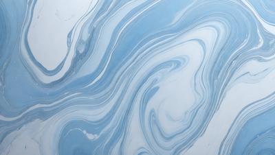 The primary subject of the image is a blue and white swirling pattern, which appears to be a painting or a digital artwork. The setting is a white wall, and the visual style is a combination of painting and digital art. The dominant colors are blue and white, creating a calming and soothing atmosphere.