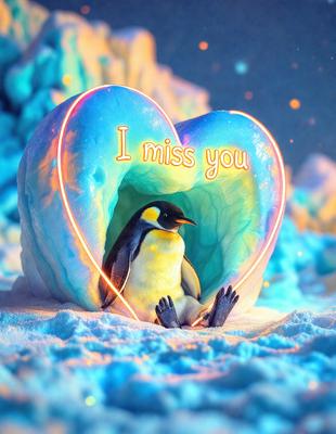 The primary subject of the image is a penguin sitting in a heart-shaped snow cave. The setting is a snowy environment, and the visual style appears to be a digital art or illustration. The colors in the image are predominantly blue, which gives the scene a cold and icy atmosphere.