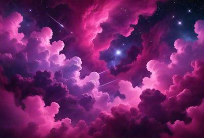The primary subject of the image is a purple and pink cloudy sky with a star in the middle. The setting is a night sky, and the visual style appears to be a digital art or illustration. The dominant colors in the image are purple and pink, creating a warm and inviting atmosphere.