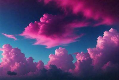 The primary subject of the image is a cloudy sky with pink clouds. The setting is a blue sky, and the visual style appears to be a photo. The dominant colors are pink and blue, creating a serene and calming atmosphere.