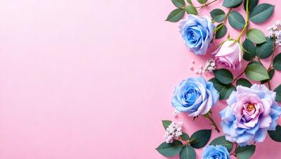 The primary subject of the image is a bouquet of blue and white flowers. The flowers are arranged in a vase, and they are placed on a pink background. The visual style of the image is a photo, capturing the beauty of the flowers and their surroundings. The colors and mood of the image are predominantly pink and blue, creating a serene and calming atmosphere.