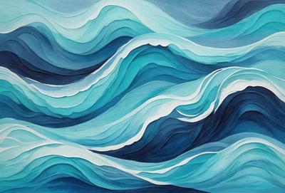 The primary subject of the image is a painting of a blue ocean with white and blue waves. The setting is a blue ocean with white and blue waves, and the visual style is a painting. The dominant colors are blue and white, creating a serene and calming atmosphere.