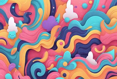 The primary subject of the image is a colorful, abstract design featuring a mix of pink, yellow, blue, and orange colors. The setting is a colorful, swirling background that complements the vibrant design. The visual style is a combination of digital art and illustration, creating a unique and eye-catching pattern. The overall atmosphere is lively and energetic, with the colors and patterns evoking a sense of movement and creativity.
