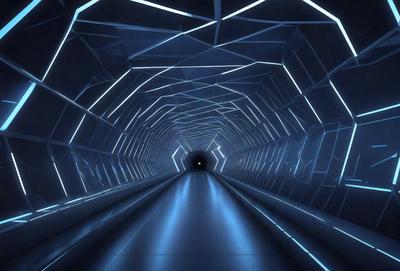 The primary subject of the image is a long, narrow, and brightly lit tunnel. The setting is a dark, enclosed space with a blue light illuminating the tunnel. The visual style is a digital art or illustration, creating a futuristic and surreal atmosphere. The dominant colors are blue and white, with the blue light creating a sense of depth and the white light reflecting off the tunnel's walls.