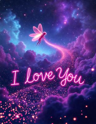 The primary subject of the image is a fairy flying through the sky. The setting is a purple cloudy sky, and the visual style is a digital art or illustration. The colors and mood of the image are predominantly purple, creating a dreamy and whimsical atmosphere.