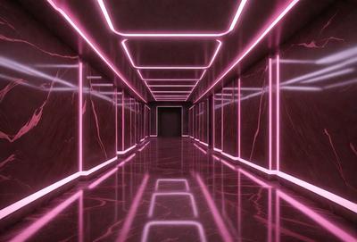 The primary subject of the image is a long, narrow hallway with a pink glow. The setting is a dark room with a red marble floor, and the visual style appears to be a combination of a photo and digital art. The colors and mood of the image are predominantly pink, creating a warm and inviting atmosphere.
