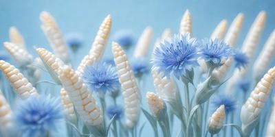 The primary subject of the image is a group of white flowers with blue petals. The flowers are arranged in a blue and white color scheme, creating a visually appealing and harmonious display. The setting is a blue background, which complements the colors of the flowers and adds to the overall aesthetic of the image. The visual style is a combination of photo and digital art, resulting in a high-quality and detailed representation of the flowers. The colors and mood of the image are serene and calming, ev