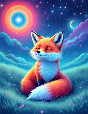 The primary subject of the image is a fox sitting in a grassy field. The setting is a nighttime scene with a moon in the background. The visual style is a digital art illustration, featuring a colorful and vibrant atmosphere. The dominant colors include shades of blue, orange, and green, creating a lively and captivating scene.