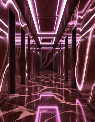 The primary subject of the image is a long hallway with a marble floor. The setting is a dark room with a pink glow, creating a unique and visually striking atmosphere. The visual style is a combination of a photo and digital art, giving the scene a surreal and artistic appearance. The colors and mood are predominantly pink, which adds a sense of warmth and intrigue to the scene.
