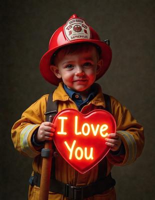 The primary subject of the image is a young boy wearing a firefighter's uniform and holding a heart-shaped sign that reads "I Love You." The setting is a room with a wall visible in the background. The visual style is a close-up of the boy holding the heart sign. The colors and mood of the image are warm and affectionate, as the boy is expressing his love for someone.